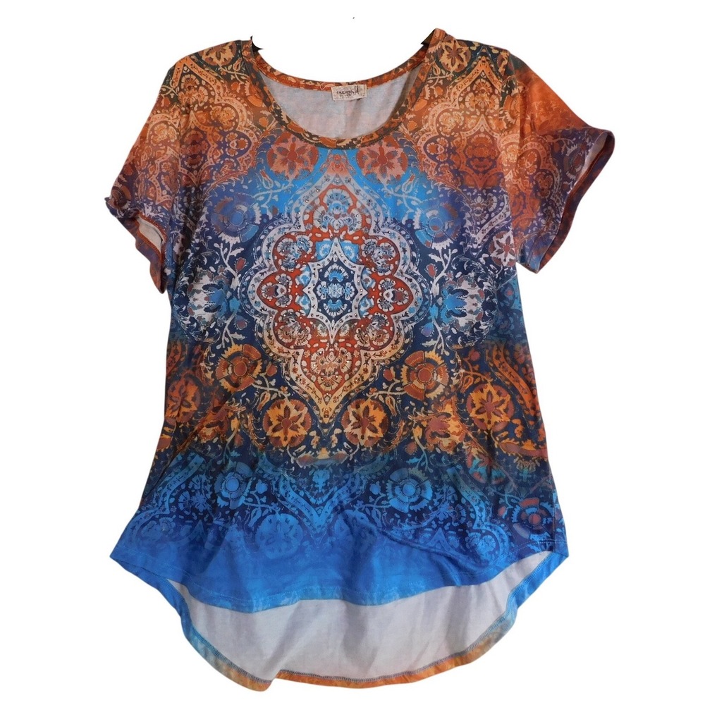 One World Womens Boho Medallion Print High-Low Top Orange Blue Rust Rhinestone